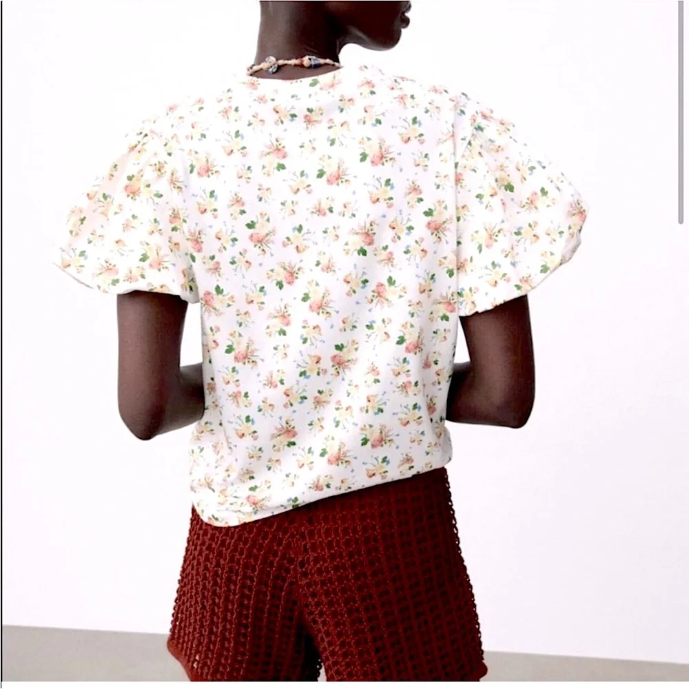 Zara Floral Puff Sleeve T-Shirt